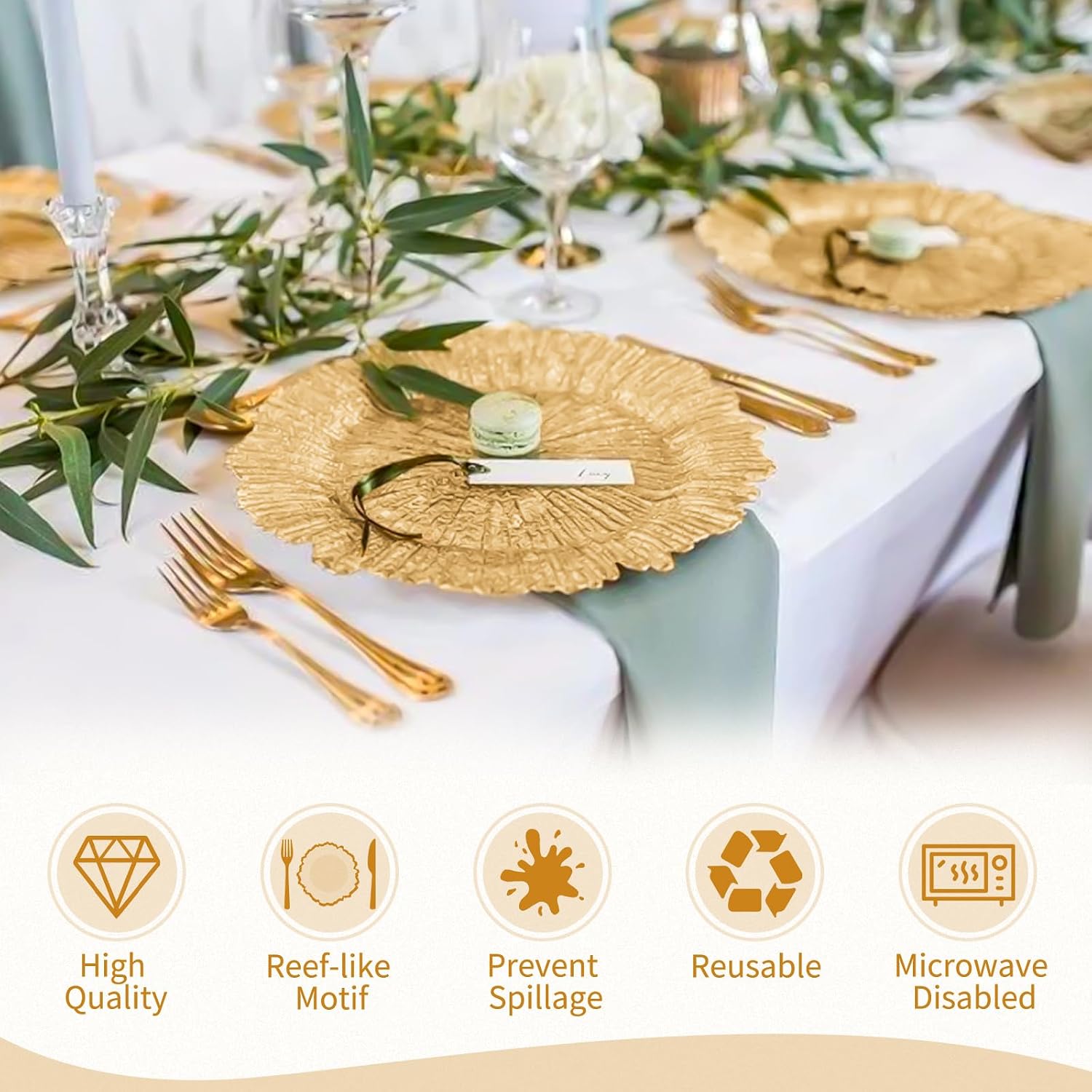 fani 50 Pcs Gold Charger Plates Bulk, 13 Inch Reef Wedding Chargers