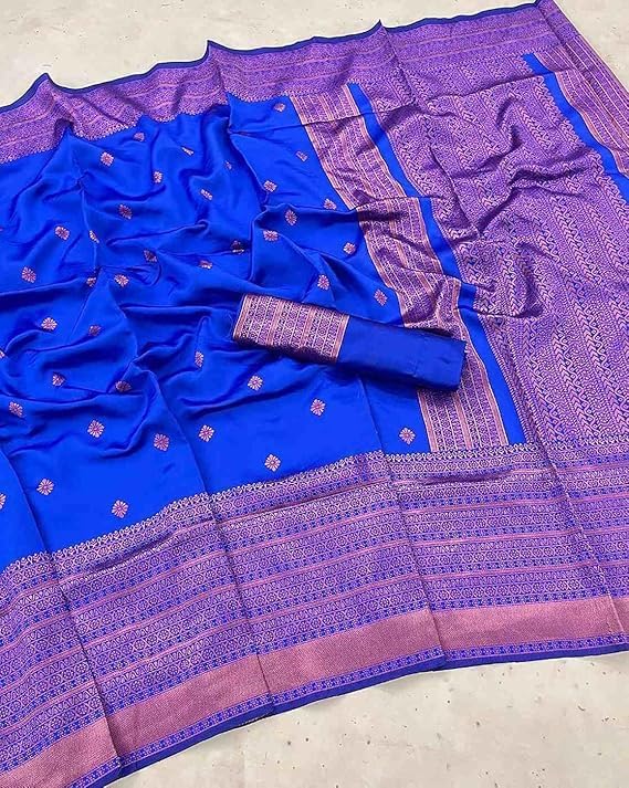 Women's Banarasi Kanjivaram Cotton Silk Jacquard Saree, Royal Blue, with Unstitched Blouse Material, Festive Wear