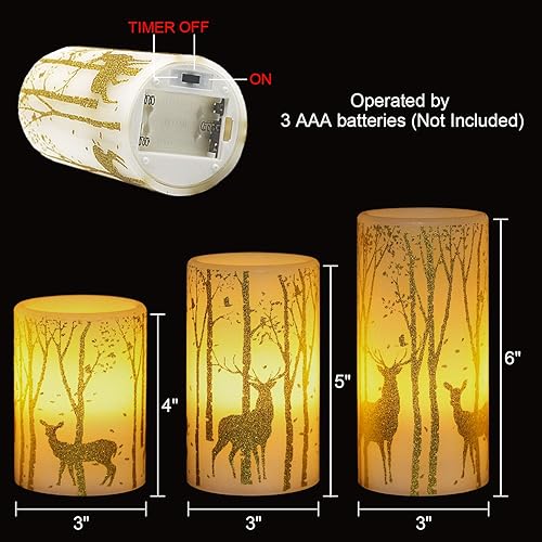 Miniatura 6 de GenSwin Velas parpadeantes sin llama que funcionan con pilas con temporizador de 6 horas, velas LED de cera real, calcomanías de ciervo, luz cálida