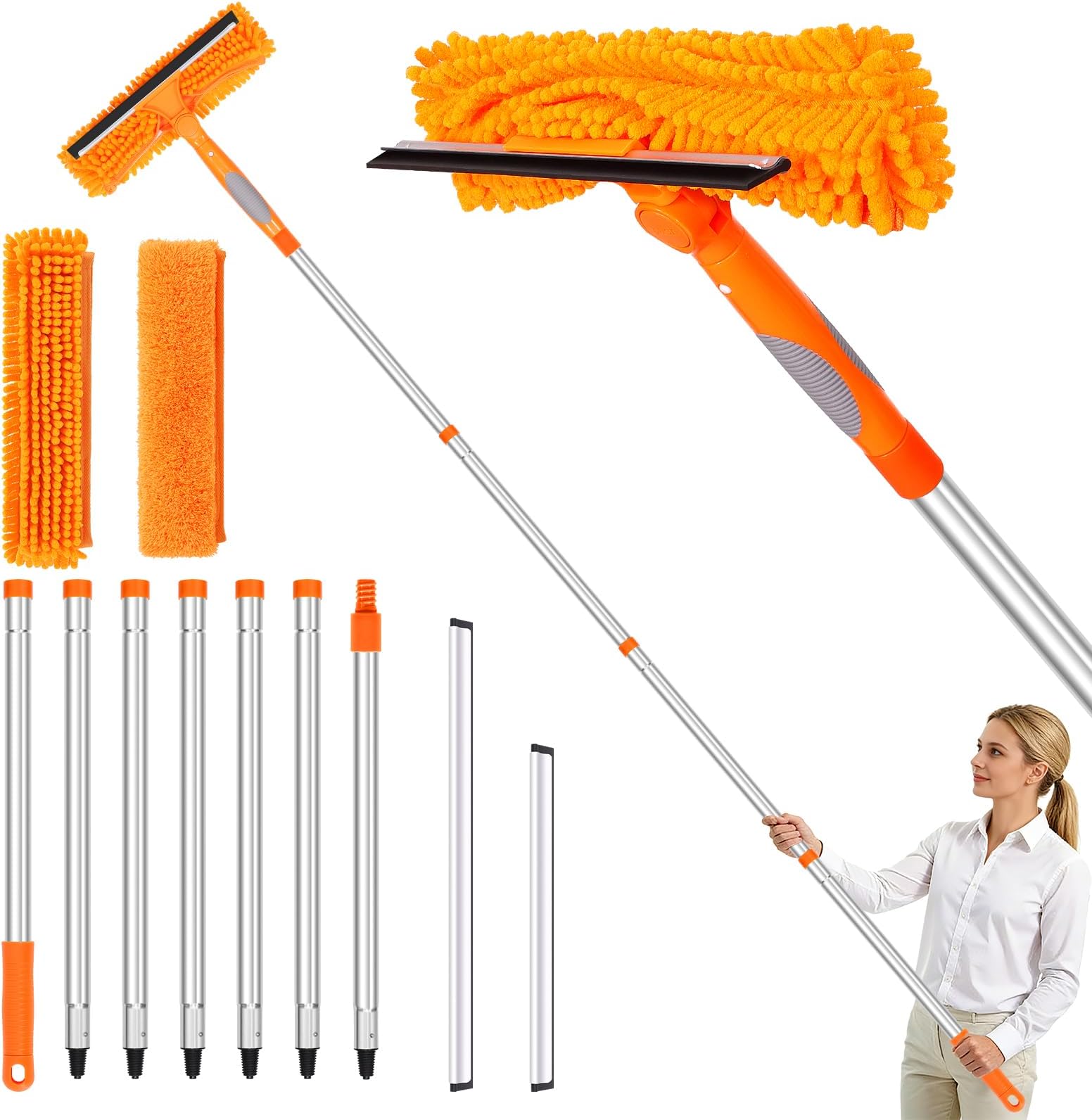 152’’/ 109" Squeegee Window Cleaner, 2 in 1 Rotatable Window Cleaning Tool Kit, Window Washing Kit with Extension Pole for Indoor Outdoor High Window, Car, Glass