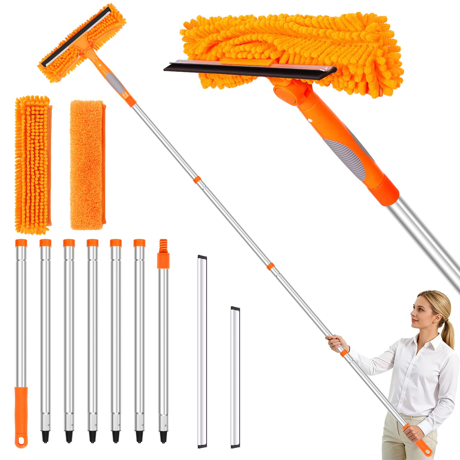 152’’/ 109" Squeegee Window Cleaner, 2 in 1 Rotatable Window Cleaning Tool Kit, Window Washing Kit with Extension Pole for Indoor Outdoor High Window, Car, Glass