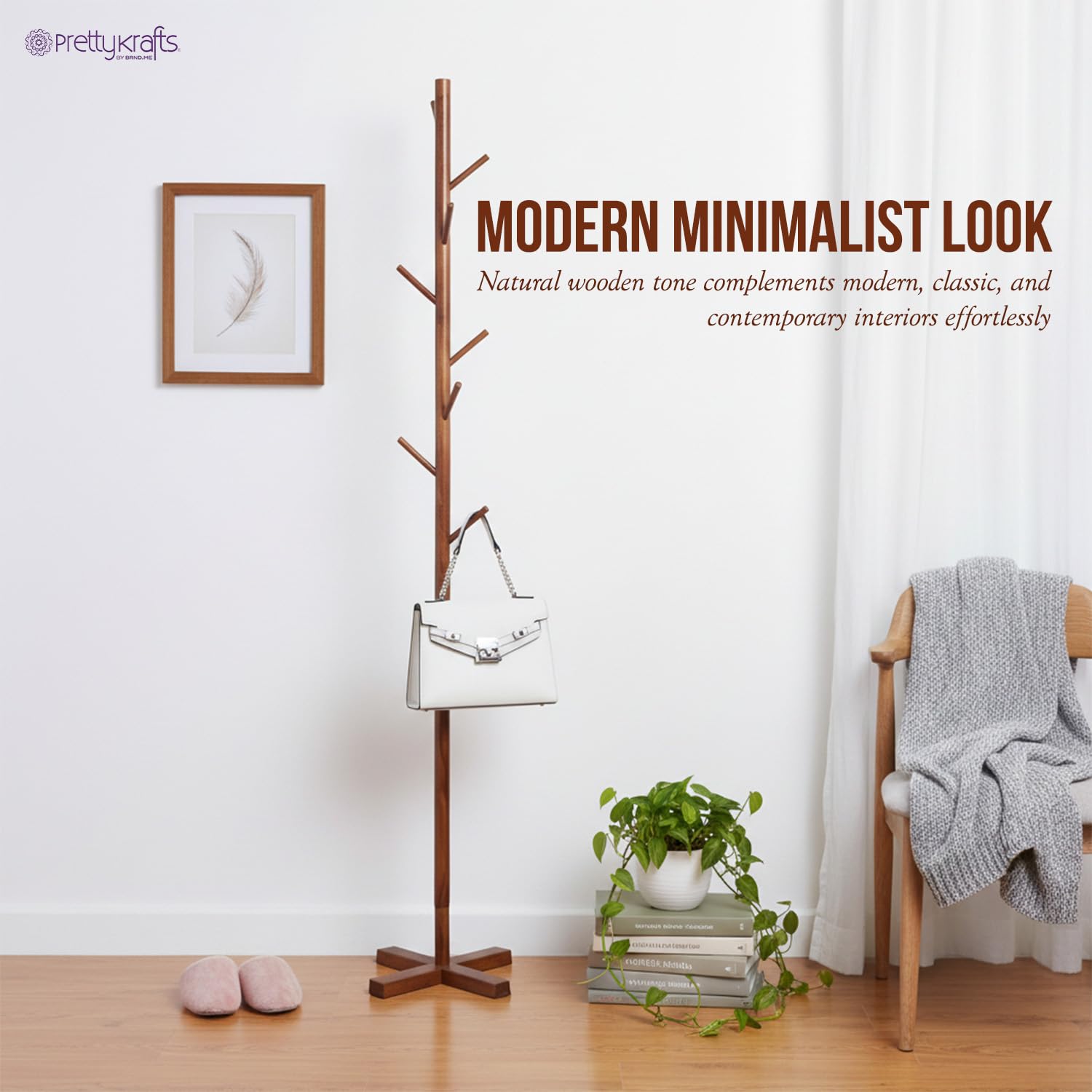 PrettyKrafts Wooden Clothes Hanging Stand with 8 Hooks | Free-Standing Coat Hanger for Home & Office | Multipurpose Cloth Stand for Bedroom, Living Room & Entryway | Natural Wood Coat Rack 1