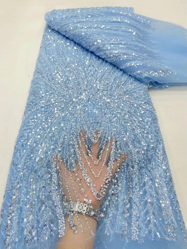 Tela de Encaje Africano con Lentejuelas Bordadas y Cuentas para Novias y Bodas