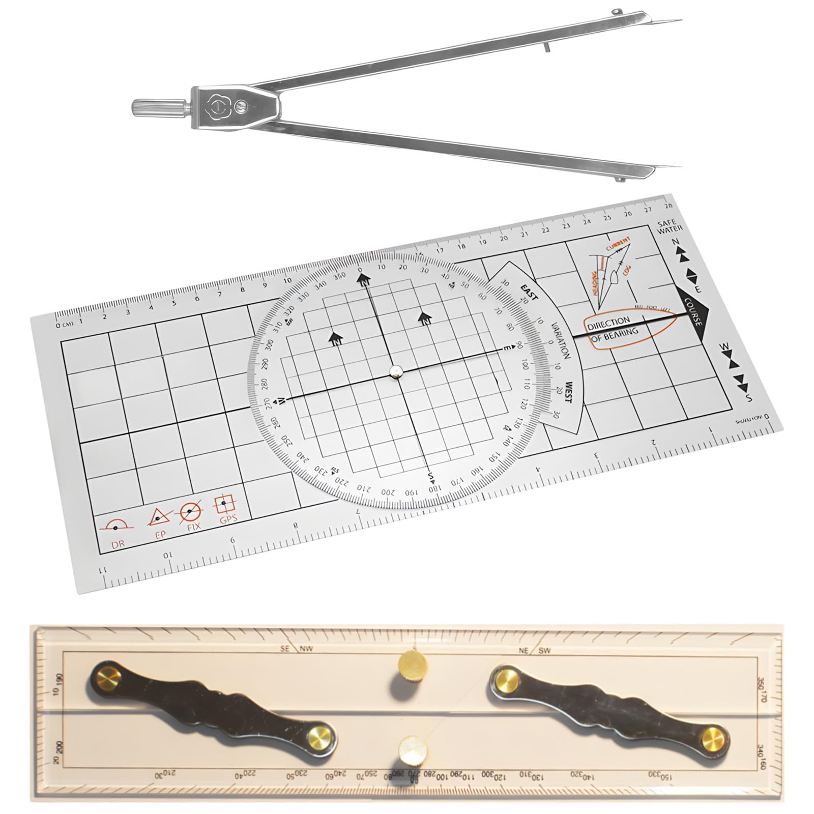Nautisches Kartenplott-Set, 3-teiliges Marine-Navigationswerkzeug-Set mit Winkelmesser, Trennwand und Lineal, für Bootfahren und Segeln, Zeichenzubehör im Lieferumfang enthalten