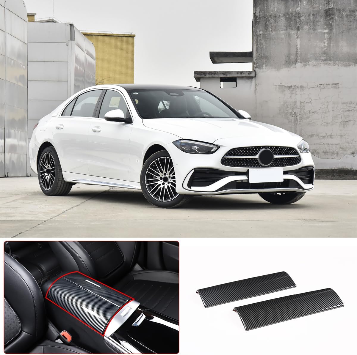 Car Armrest Box Cover Fit for Mercedes Benz C Class 2022 Console Box Protective Cover Armrest Box Trim Cover Carbon Fiber Color 2PCS