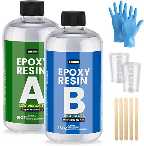 TAKIMO Kit de Resina Cristalina Transparente de 32 OZ, Libre de Burbujas y Sin Amarilleamiento, Resina Epoxi para Recubrimiento, Moldeo, Superficie