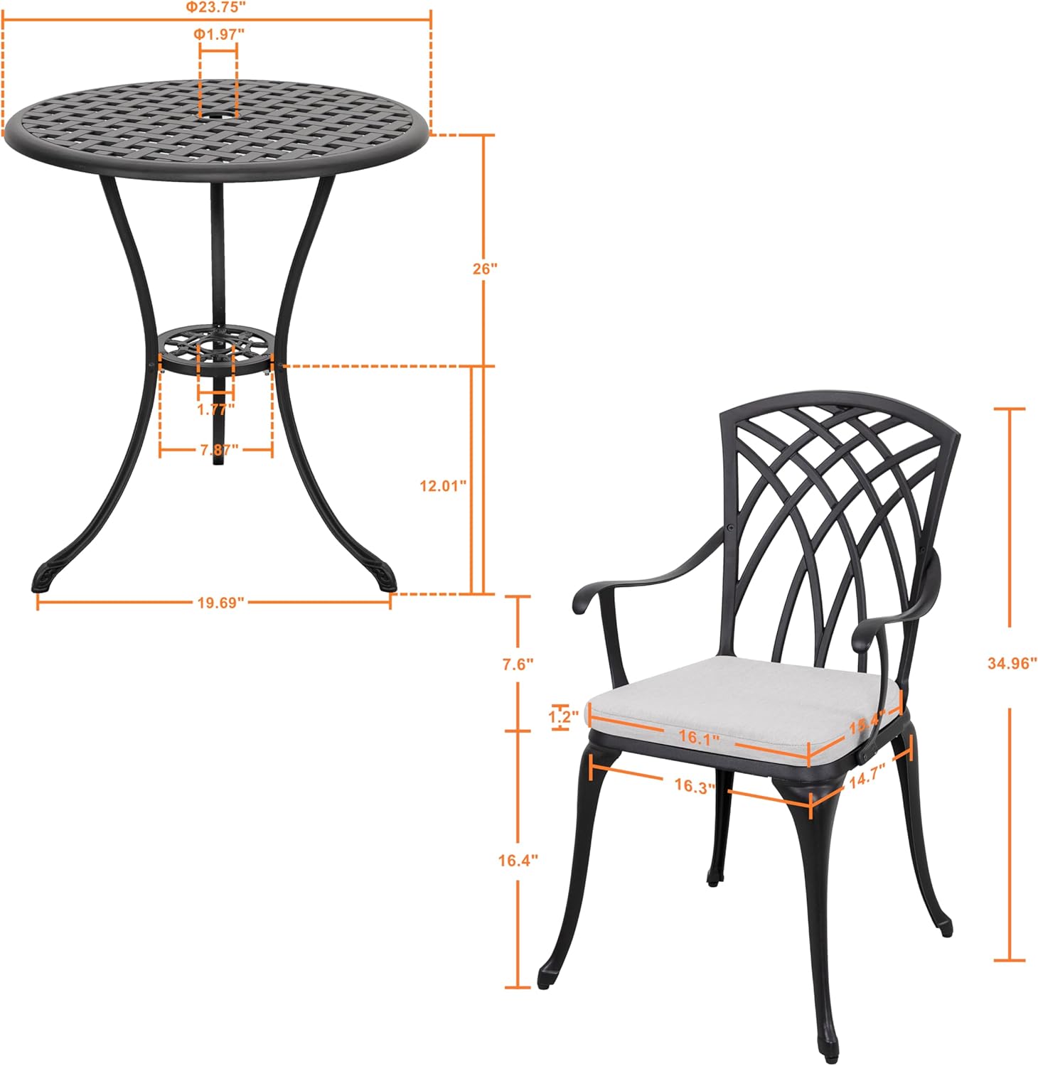 NUU GARDEN Bistro Set 3 Piece Outdoor Cast Aluminum Patio Bistro Set Patio Table and Chairs Set of 2 with Umbrella Hole and Gray Cushions, Black