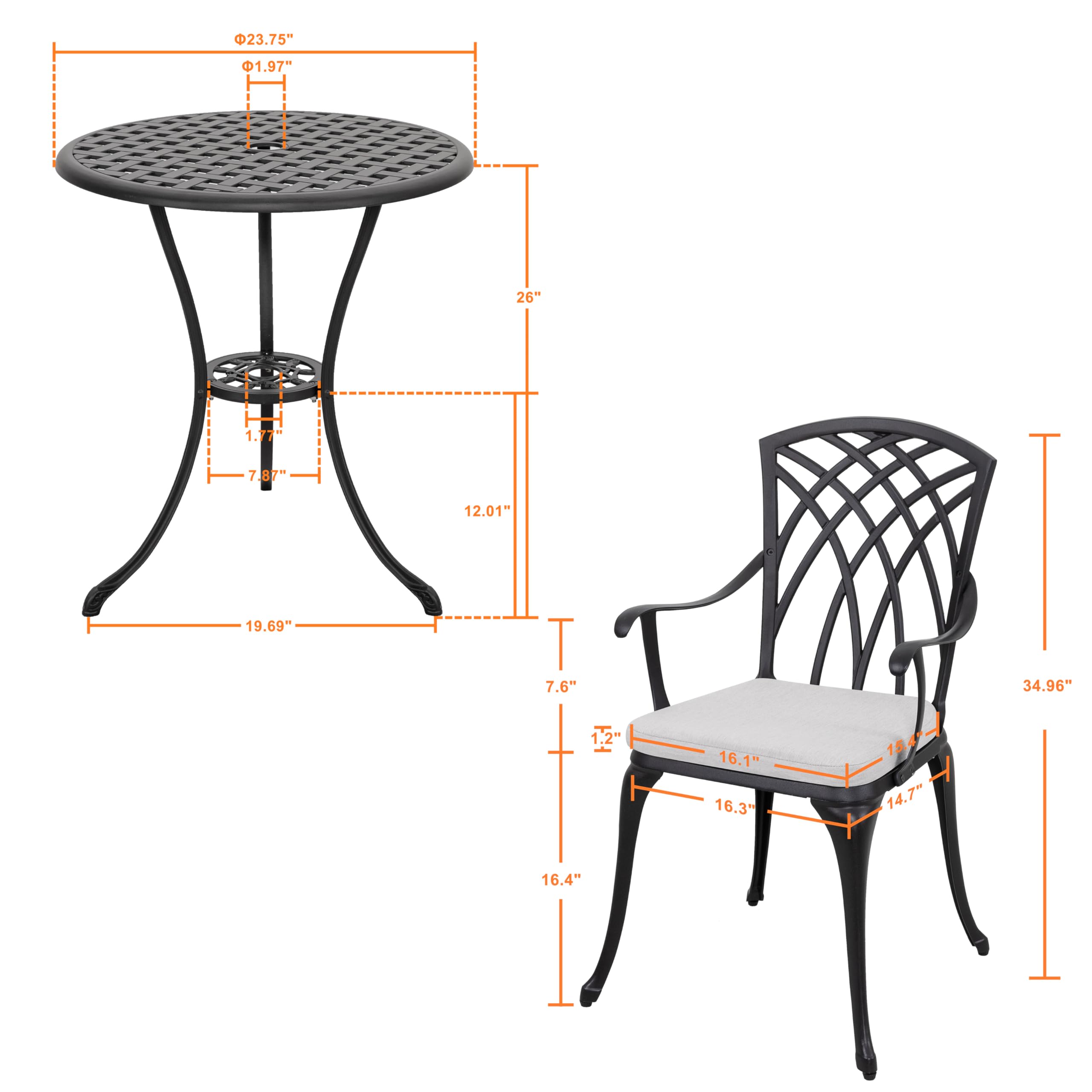 NUU Garden Juego de bistró de 3 Piezas de Aluminio Fundido para Exteriores, Juego de Mesa y sillas de Patio con Agujero para sombrilla y Cojines Grises, Color Negro