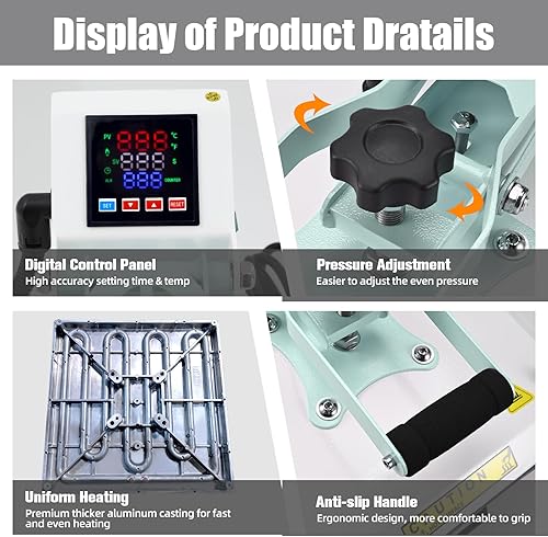 Miniatura 9 de BetterSub Prensa de calor digital de 15 x 15 pulgadas, máquina de transferencia de calor de calidad industrial deslizante, color verde azulado