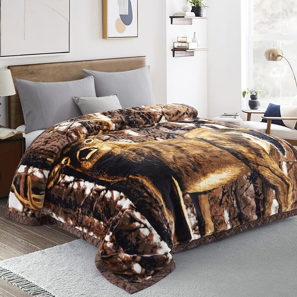 Marina Decoration Reversible 8 LB Oversized Heavy Woven Fluffy Plush Soft Warm Korean Style Mink 2 Ply Rich Printed Animal Flannel Fleece Throw Raschel Blanket, 78 x 86 Inch Deer Safari Pattern