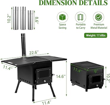Camping Wood Stove, Outdoor Portable Tent Wood Burning Stove with Stainless Chimney Pipes for Outdoor Camping Cooking and Heating 1-2 People Use(Black)