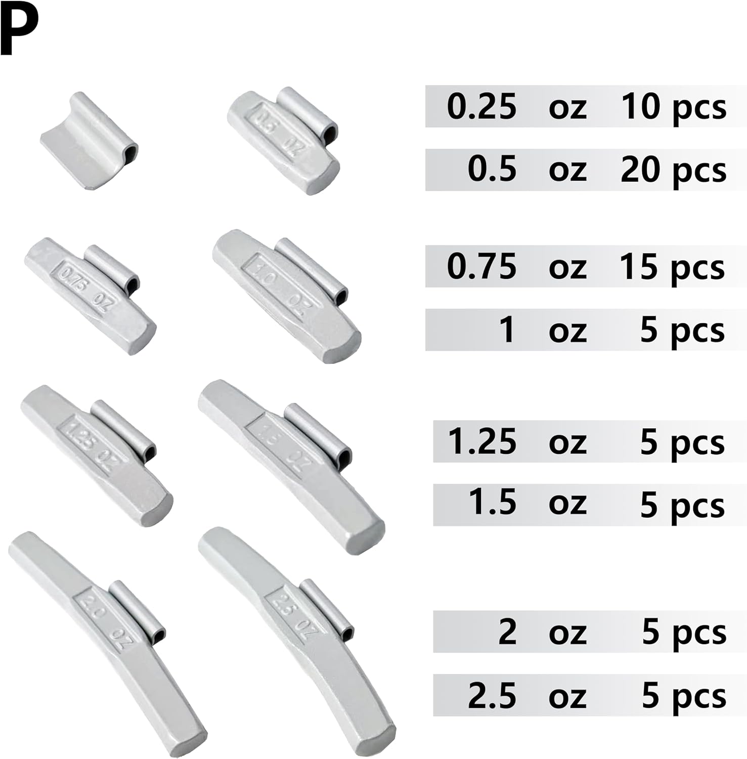 P-M40 Wheel Weight Kit P Style ;Grey 40pcs/kit: 1 1/4oz, 1 1/2oz, 2oz and 2 1/2oz 10pcs Each