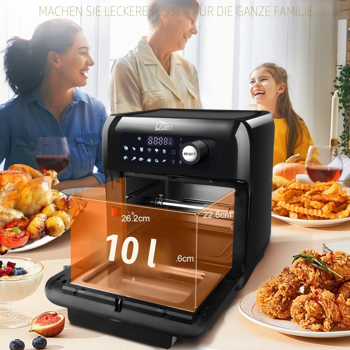 Heißluftfritteuse,10L Air fryer Fritteuse,Uten XXL Heißluft-ofen,12 in 1 Heissluftfritteuse mit digitalen LED-Display, 6 Zubehör & Rezeptbuch, Edelstahl,1500W