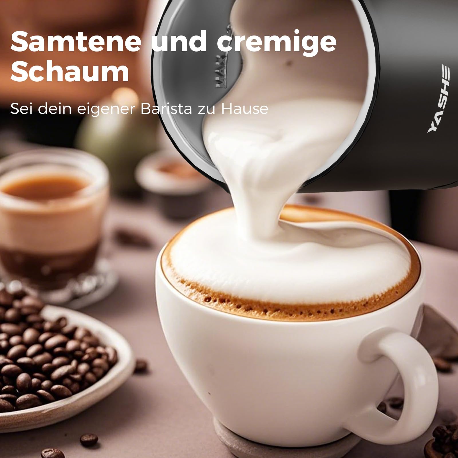 YASHE 4-IN-1 Edelstahl Milchaufschäumer, 10oz/300ml Milchschäumer für Perfekte Lattes, Cappuccinos, Macchiato & Heiße Schokolade, Schnell & Einfach zu Reinigen, mit Dichtem Samtigem Schaum