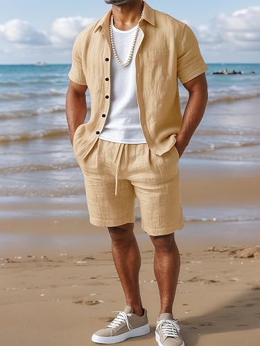 Conjunto corto de 2 piezas para hombre, trajes de playa de verano, transpirables, ligeros, con botones, camisas y pantalones cortos, conjunto casual de vacaciones