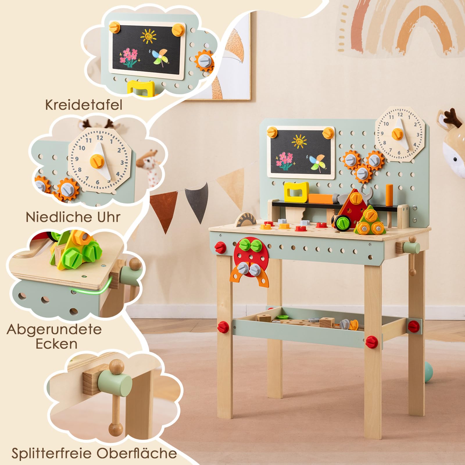 COSTWAY Drewniany stół warsztatowy dla dzieci, stół narzędziowy z tablicą i zestawem DIY, ławka narzędziowa dla dzieci z akcesoriami i półką, stół warsztatowy dla dzieci od 3 lat