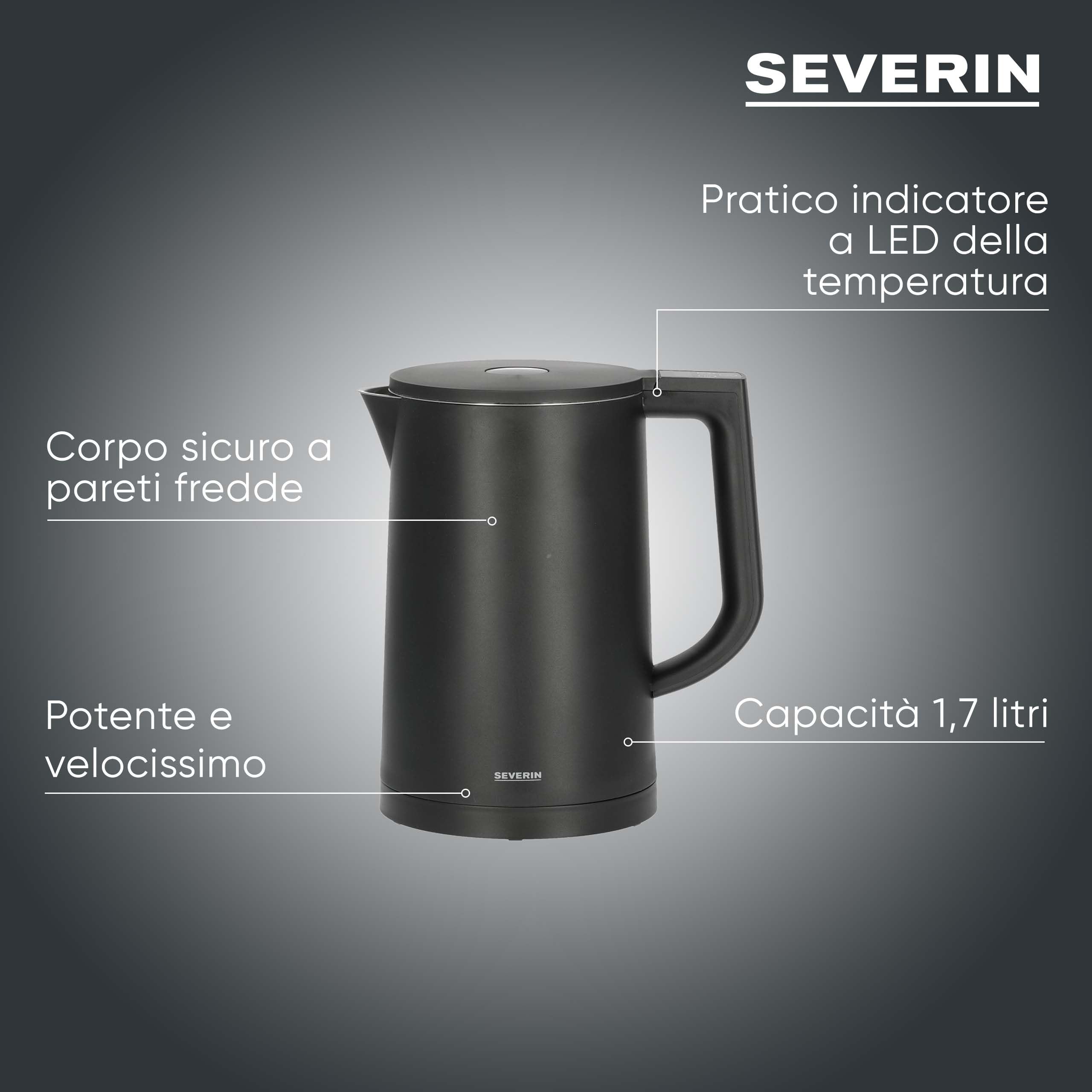 SEVERIN Bollitore Elettrico, 1,7 Litri, 2200W, Cool-Touch, Regolazione Temperatura, Mantenimento Caldo, Spegnimento Automatico, 24,0 x 14,5 x 23,5 cm, Nero/Inox - WK 3484