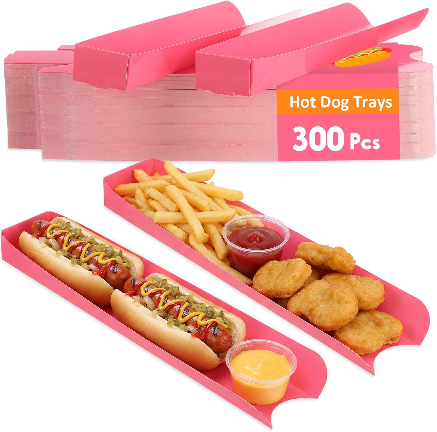 Layhit 300 Pcs Hot Dog Trays Disposable 11.8 x 2 x 1.2 Inch Open Hot Dog Containers Paper Serving Trays Hotdog Holder for Nachos Tacos Fries BBQ Festivals Party Greaseproof (Regular,Pink)