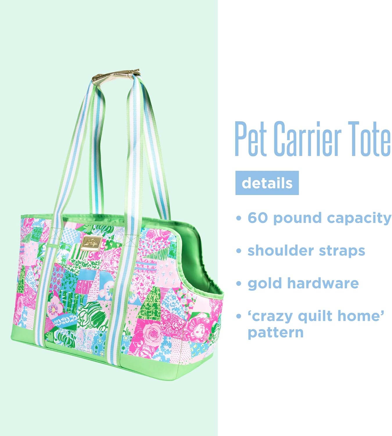 Lilly Pulitzer Small Pet Carrier with Removable Padded Insert, Shoulder Straps, 60 lb Capacity, Open-Top with Gold Buckle Closure & Safety Clip, and Exterior Pocket (Crazy Quilt Home)