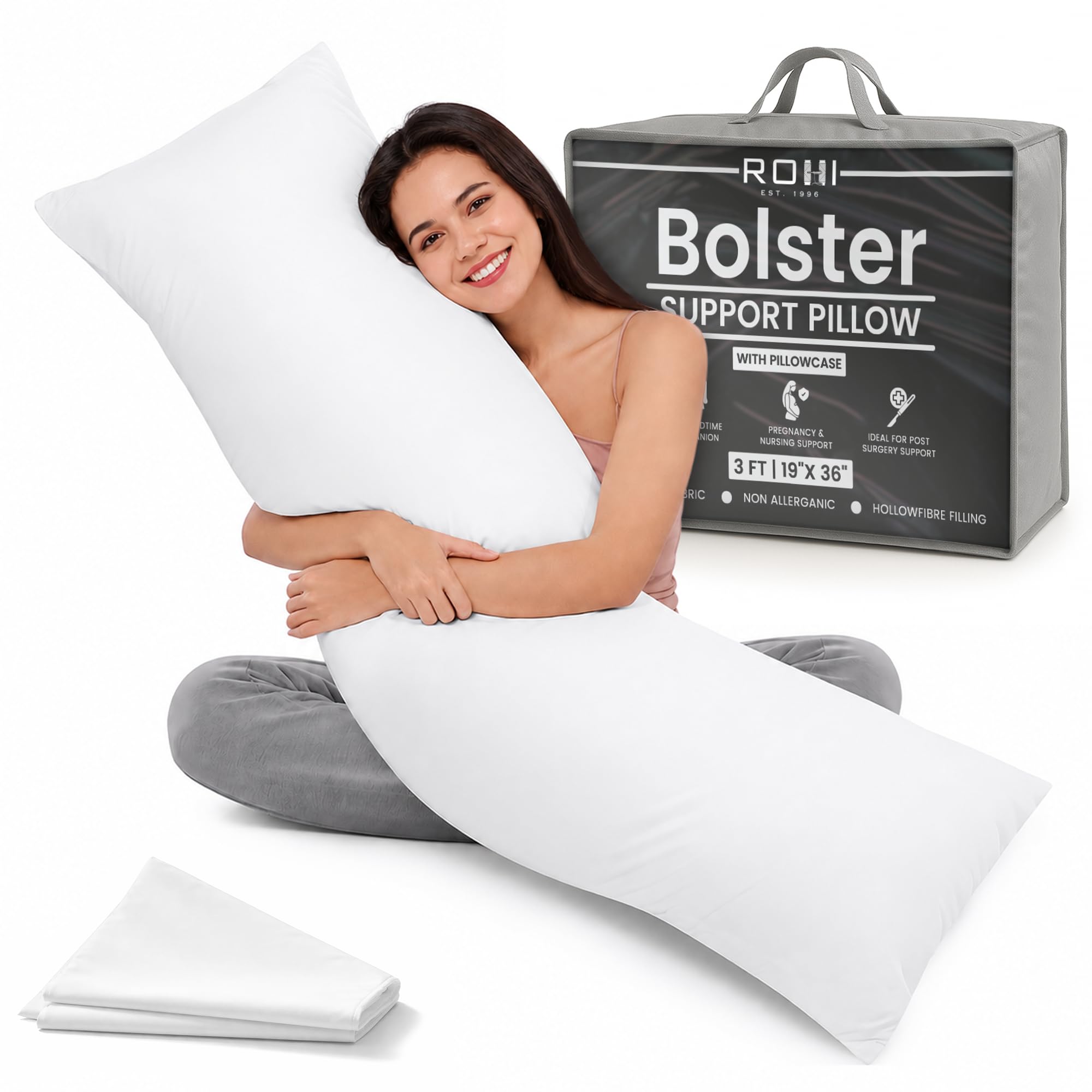 Rohi 4ft Full Body Pillow with White Pillowcase–Hollowfibre Filling – Orthopaedic 19"x 48" Double Bed Size Long Pillow –Bolster Pillow for Maternity, Back & Neck Support –Side Sleeper pillow