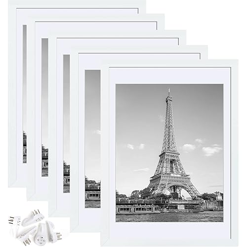 upsimples 10x14 Picture Frame Set of 5, Display Pictures 8.5x11 with Mat or 10x14 Without Mat, Wall Gallery Poster Frames, White