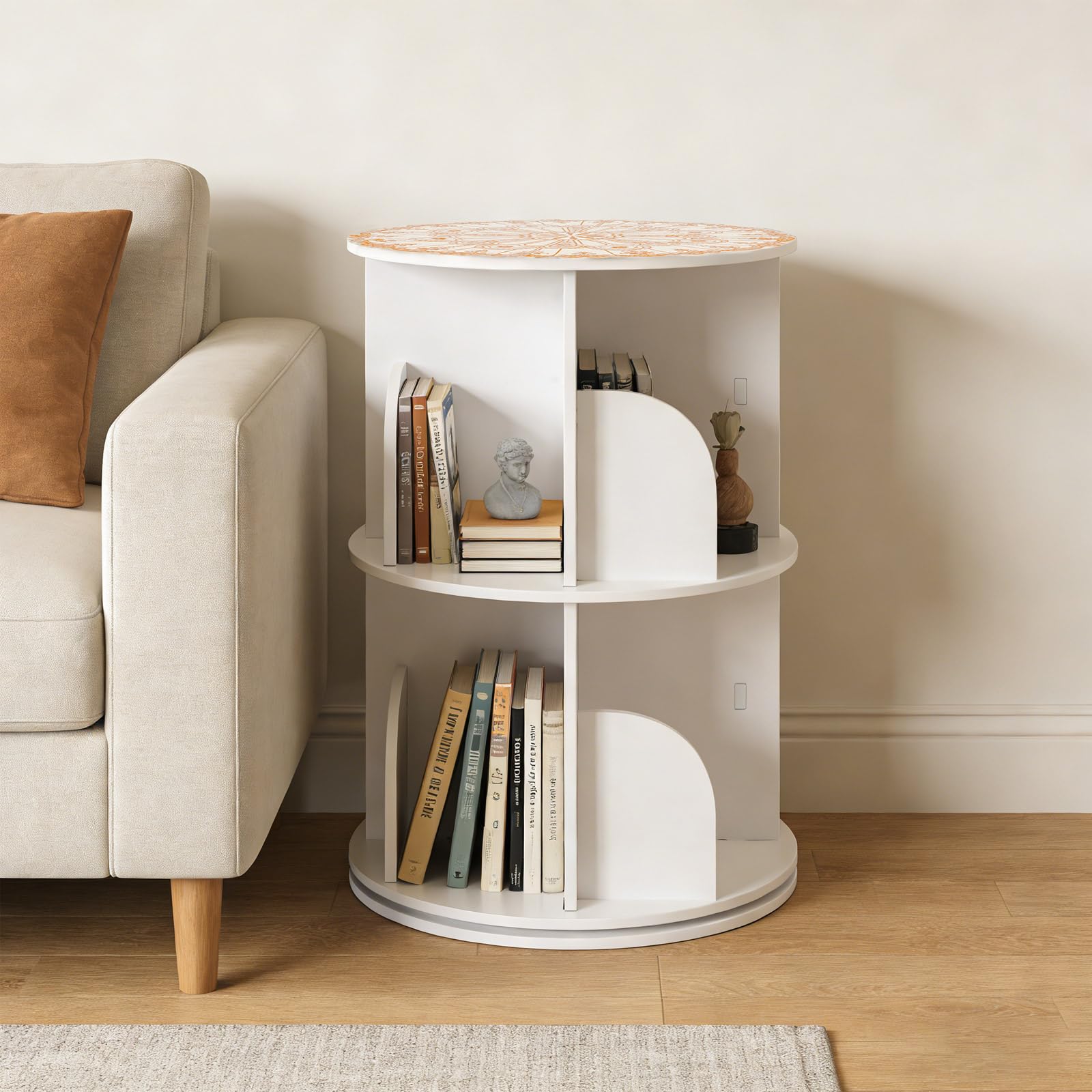 Drehbares Bücherregal Rund Bücherregal Kinder 360 Grad Rotierend Standregal Aufbewahrung, 2 Etagen 8 Fächer PVC Platzsparend Wohnzimmer Schlafzimmer Büro Weiß