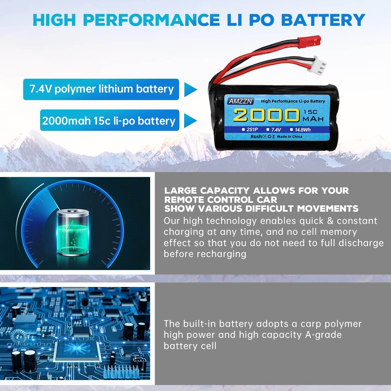7.4V 2000mAh 15C 2S JST-2P Plug Lipo Battery with 2-in-1 Charger for UDIRC UD1601 UD1602 UD1604 SG1603 RC Cars,RC Drone Huina Engineering Vehicle Backup Battery (2PCS Battery+2-in-1 Charger)
