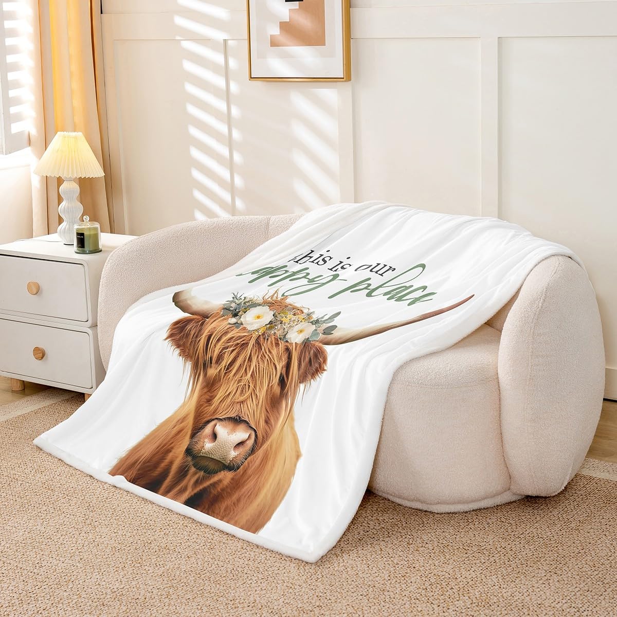 Homewish Highland krowa polarowy koc niemowlęcy, 76 x 102 cm, rustykalny skandynawski kwiatowy dekoracyjny ciepły koc szerpa, szkocki dom wiejski, przytulny, puszysty, pluszowy, narzuta na łóżko, sofę