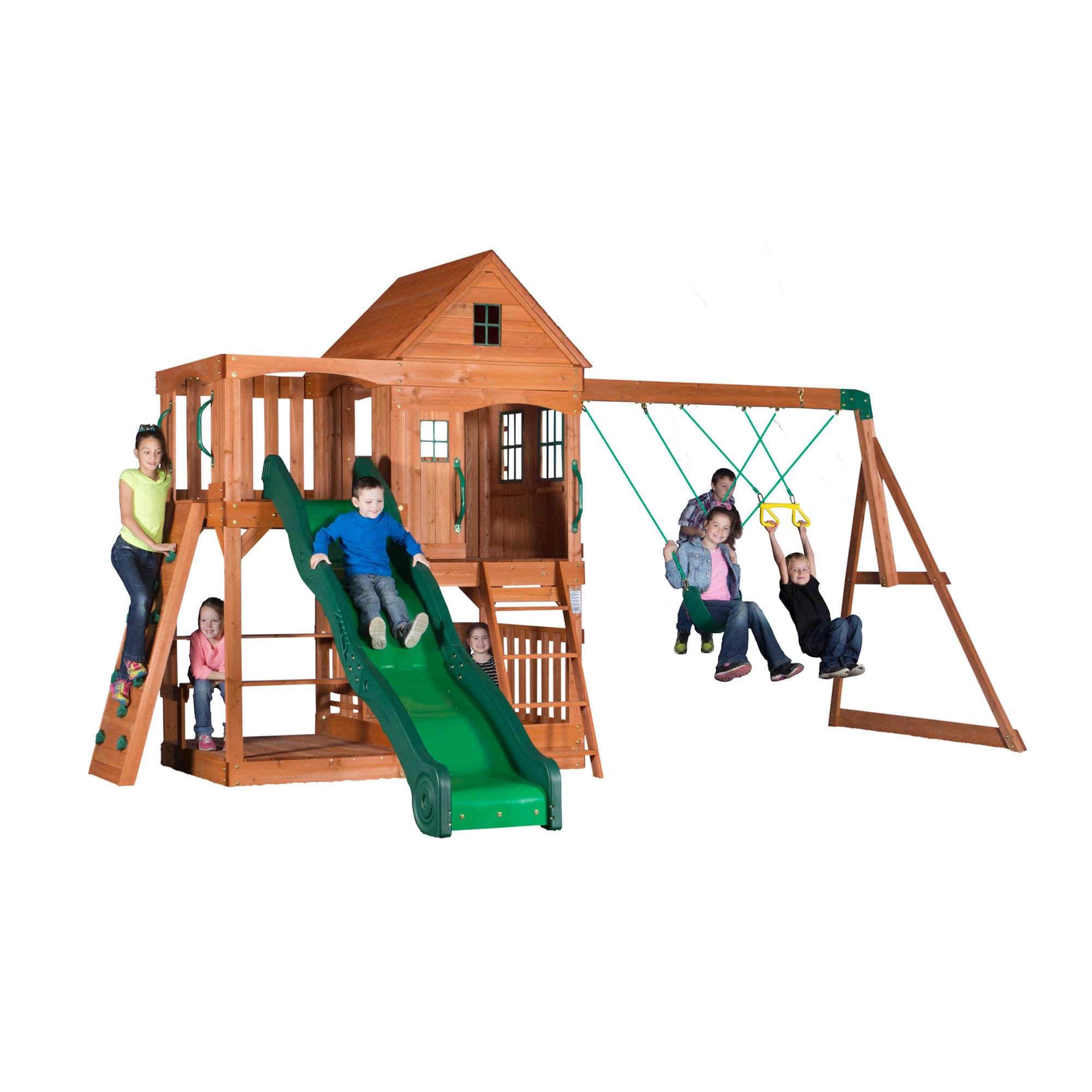 Backyard Discovery Hillcrest Cedar Wood Swing Set with Wave Slide, Clubhouse, Sandbox, Picnic Table, Rock Wall, Belt Swings, Trapeze, Lower Deck, Step Ladder, Balcony, Outdoor Playset