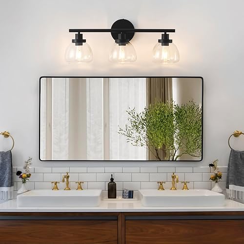 Miniatura 6 de Lámparas de baño de 3 luces mejoradas 2025, luces de tocador modernas negras de 25 pulgadas con pantalla de vidrio transparente, lámpara de pared de