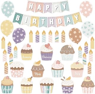 Leinuosen 45 Pieces Happy Birthday Bulletin Board Set Birthday Bulletin Board Decorations Classroom Chart Calendar Balloon Candle Cupcake Cutouts for Calendar Classrooms (Boho)