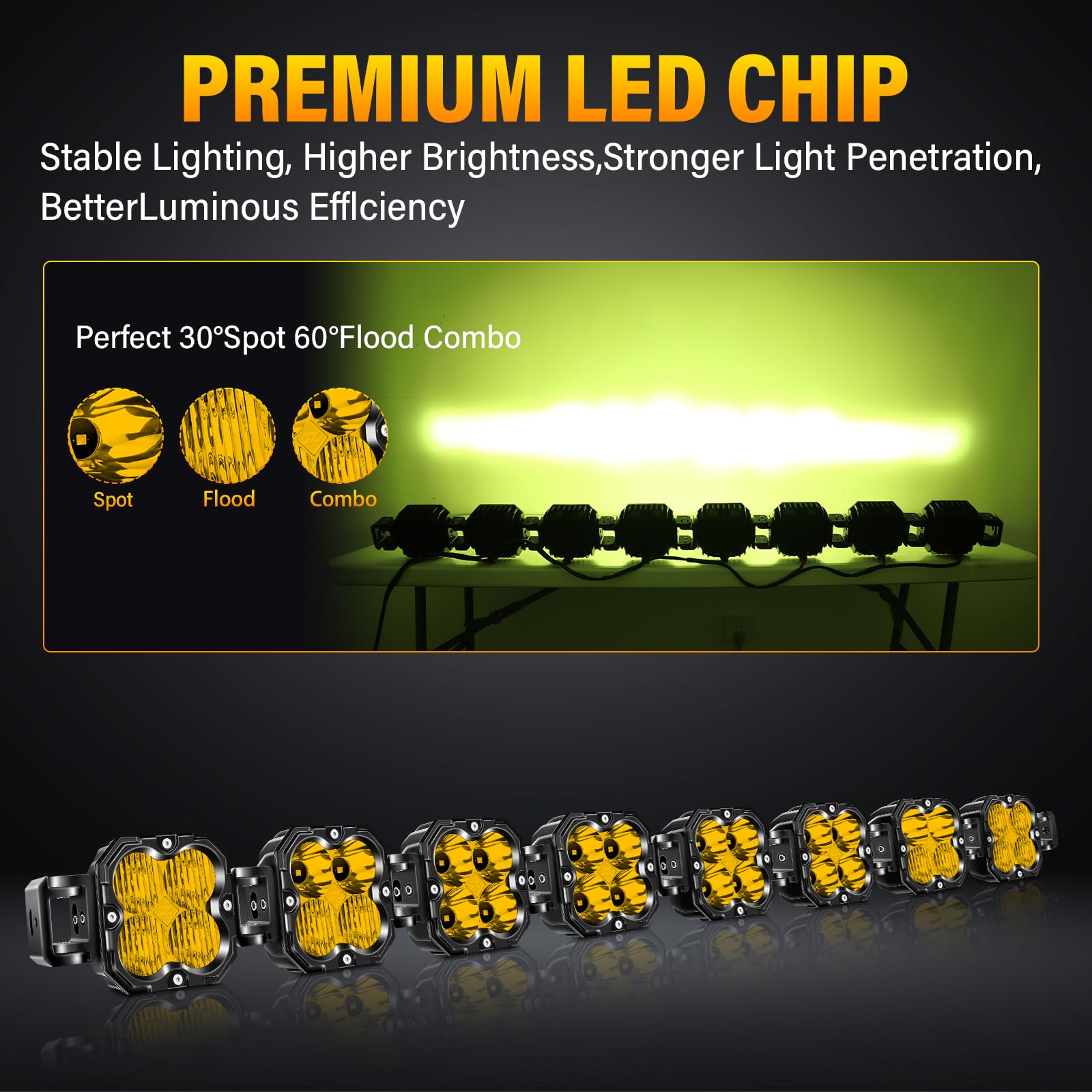 Willpower Barra de Luz LED 132 cm 52" 240W 20000LM Barras Luminosas LED 12V 24V Largo Alcance para 4x4 Tractor Coche Camion Barco Offroad, 3500K Amarillo, IP67 Impermeabile
