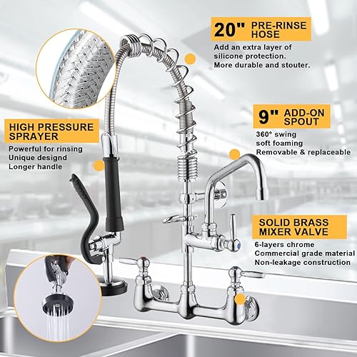 Miniatura 2 de PALUKIA Commercial Kitchen Faucet with Sprayer Wall Mount Sink Faucet 21" Height Commercial Sink Faucet 8 Inch Center with 9" Spout Faucet 20" Hose