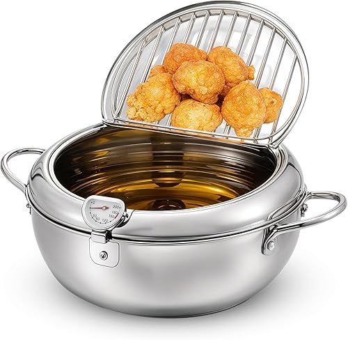 Olla para freidoras de acero inoxidable 304, olla japonesa de tempura de 3.4 L9.4 pulgadas con tapa, con control de temperatura, escurridor de