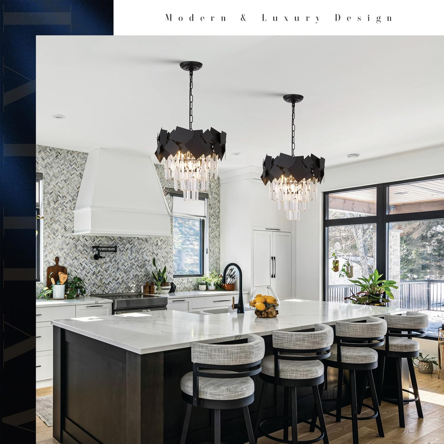 Modern Crystal Chandeliers 16” Black Chandeliers Ceiling Pendant Light Fixture for Kitchen Island Entry Light Dimmable Small Flush Mount Chandeliers Round for Foyer Entryway Dining Room Hallway
