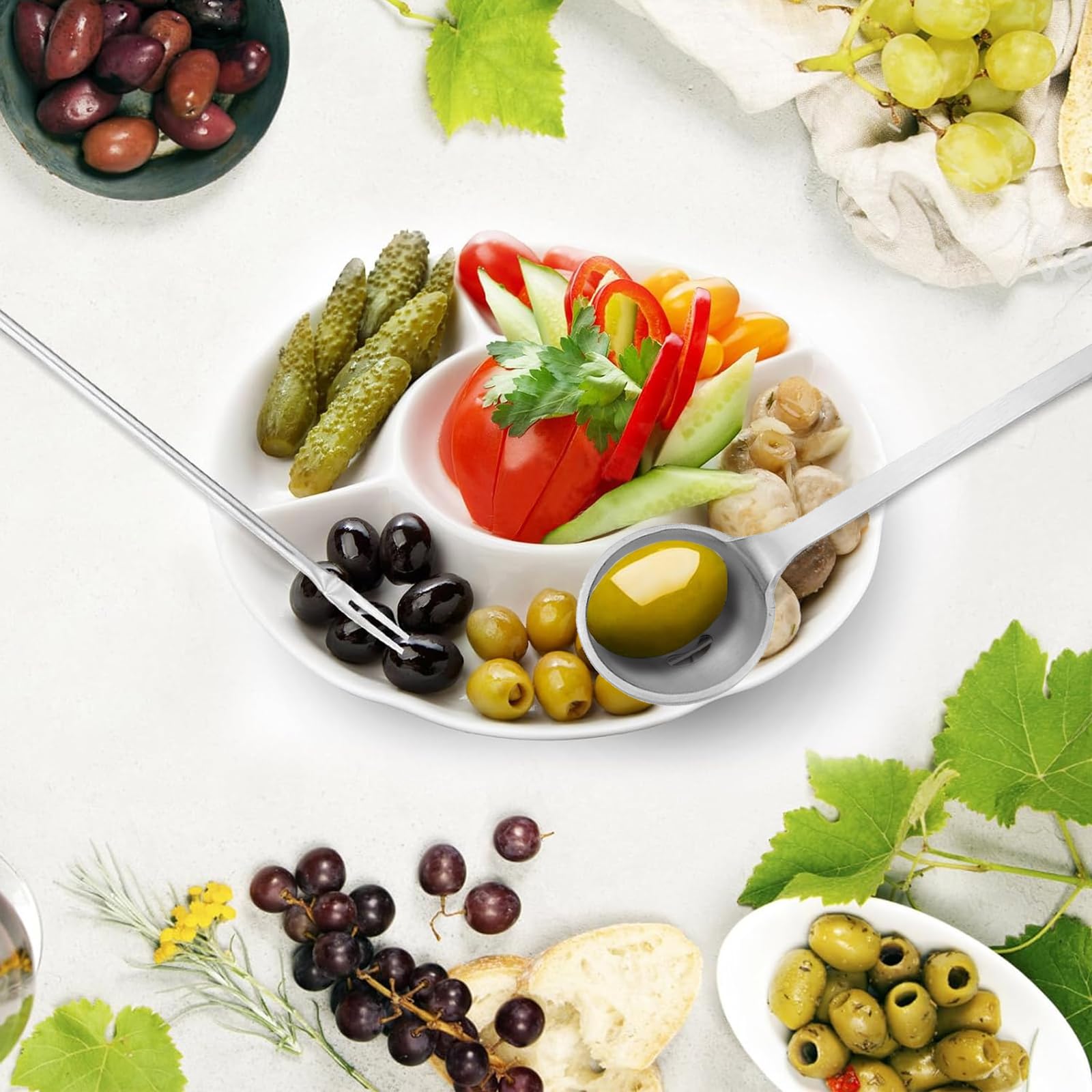 GIONAR Olivenlöffel und Gurkengabel-Set, Edelstahl, mit langem Griff, eingelegter Zwiebelgreifer für Oliven-, Gurken-, Zwiebel- und Rucola-Gläser, 18 cm, 4 Stück