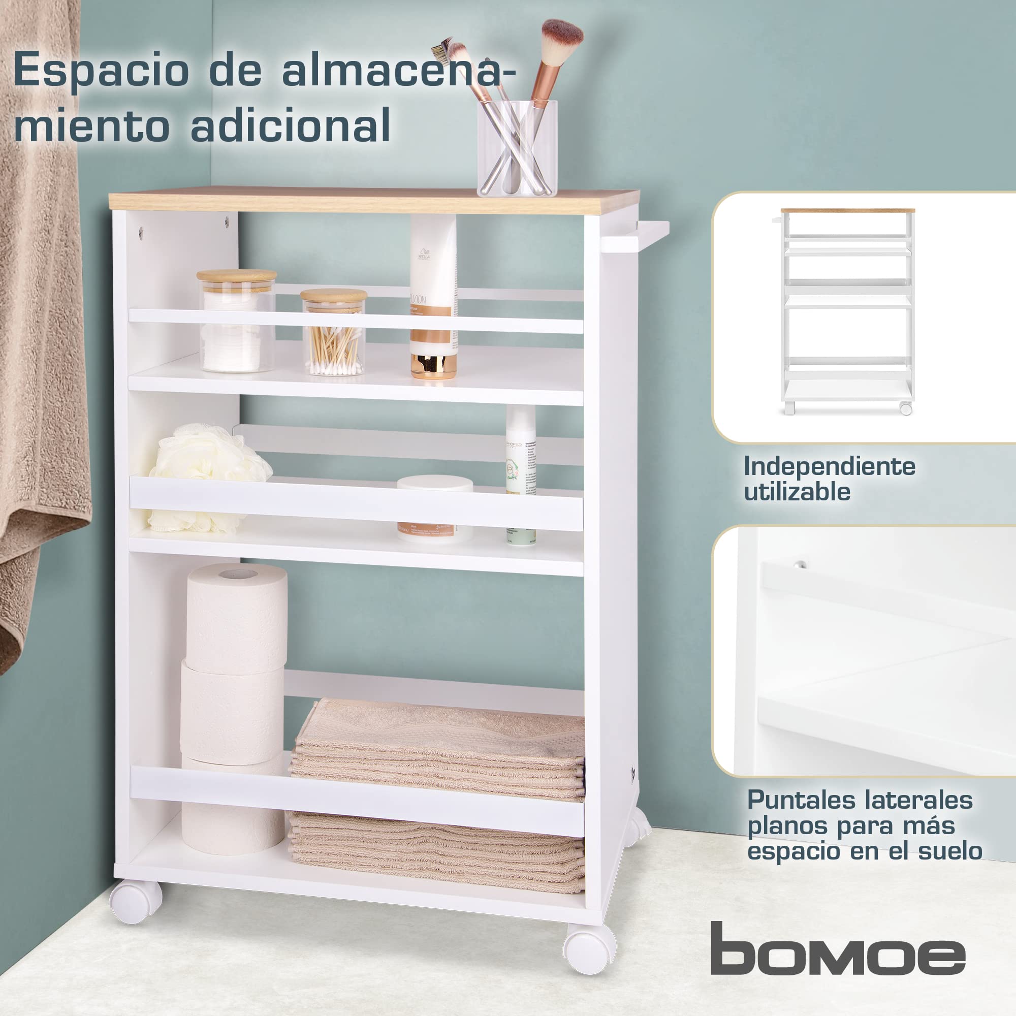 bomoe Carro de Cocina con 4 Ruedas de Servicio 3 Niveles Ajustables Madera | Roble y blanco encimera FSC® de baño de nicho independiente 3 carron carrito mueble auxiliar Bengt