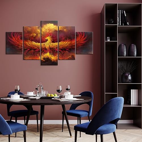 Miniatura 2 de YOUHONG 5 piezas de arte de pared de pájaro fénix, decoración de pared de pájaros, arte de pared de animales en lienzo de animales de fénix