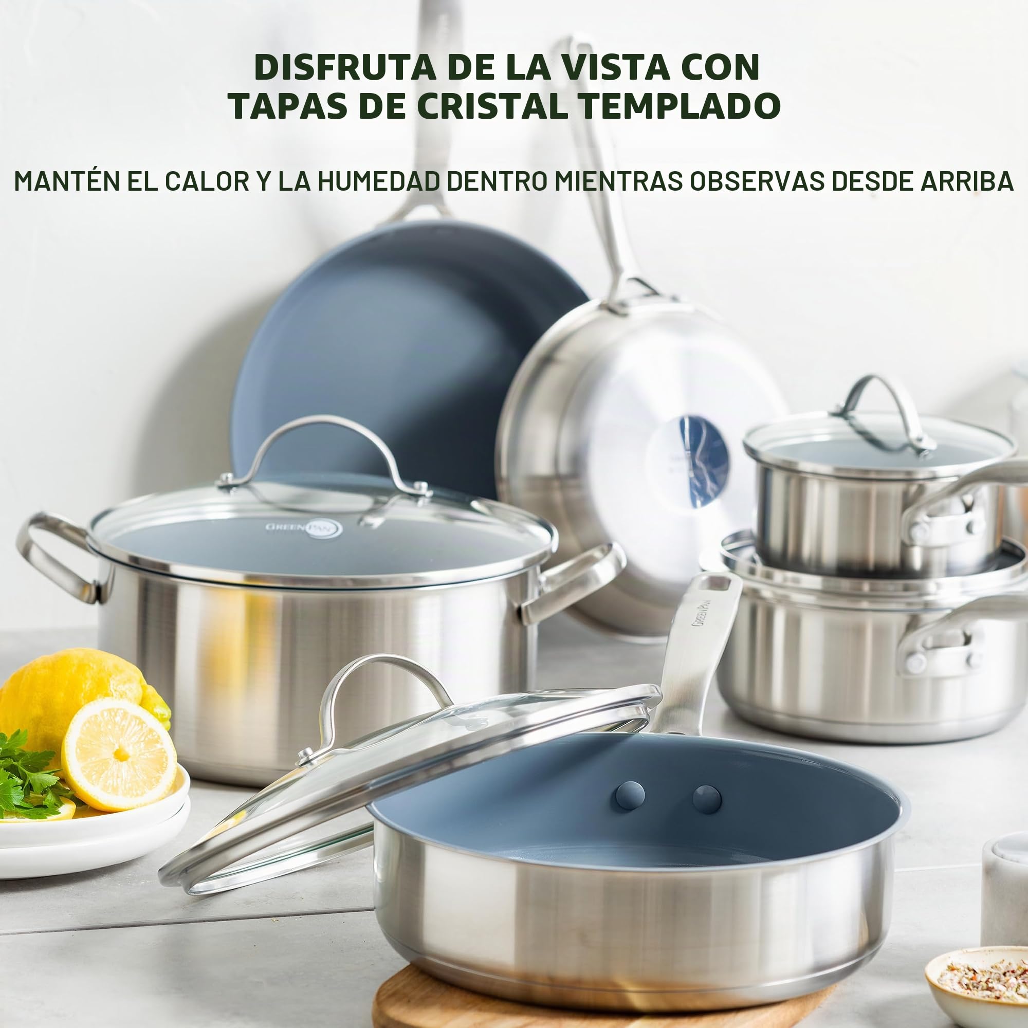 GreenPan Treviso Juego de 10 Ollas y Sartenes de Acero Inoxidable con Revestimiento de Cerámica Antiadherente, Incluye Sartén Cacerola y Ollas, Sin PFAS, Apto para Inducción, Horno y Lavavajillas,Gris