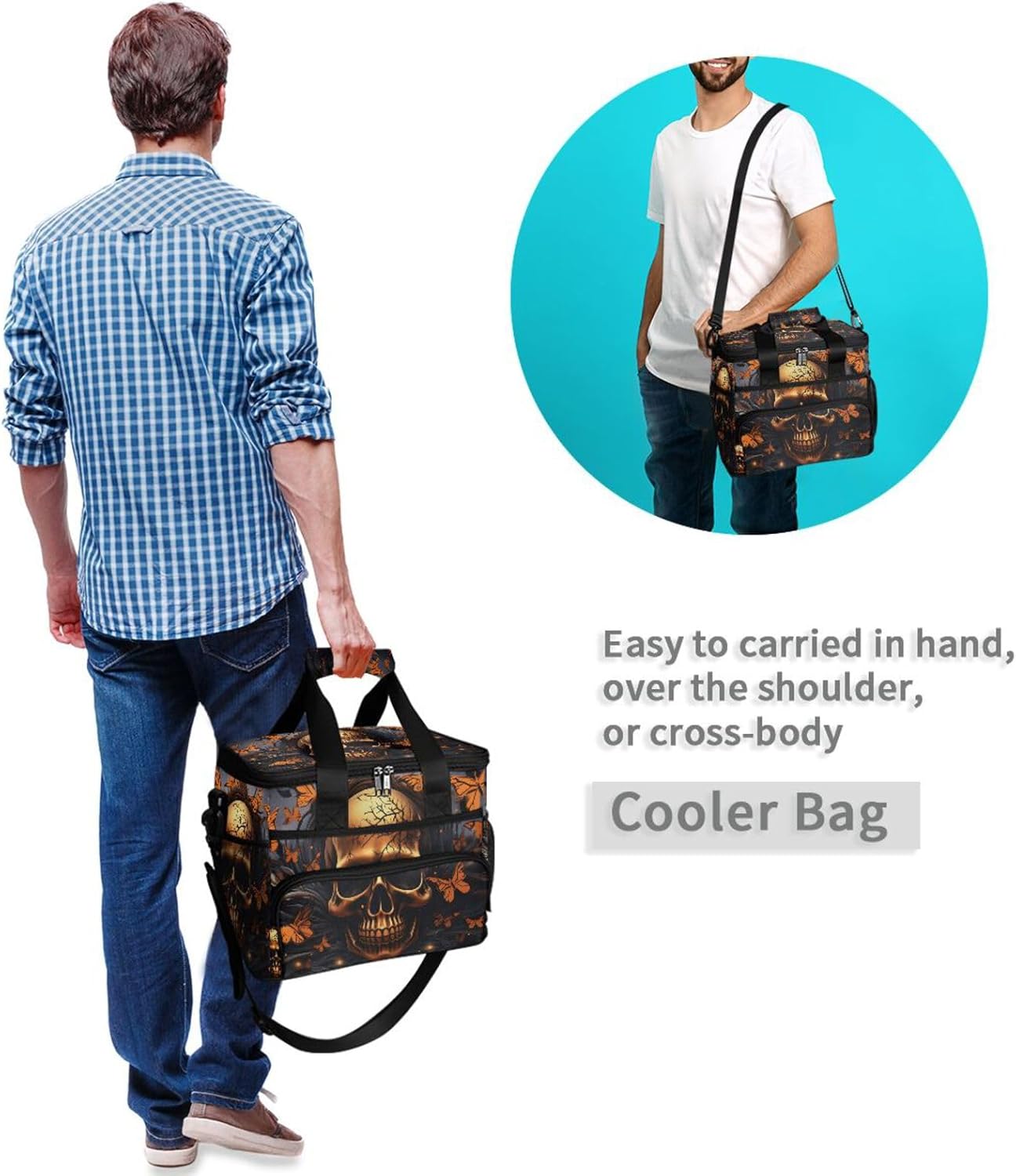 Brown Skull Butterfly Insulated Cooler Bag 24 Cans Large Capacity Lunch Box Leak Proof with Shoulder Strap for Picnic Camping