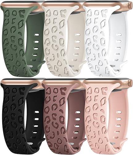 6 Packs Cartoon Engraved Bands Compatible with Apple Watch Band 40mm 38mm 44mm 45mm 49mm 42mm Women, Designer Silicone Cute Soft Strap for Apple