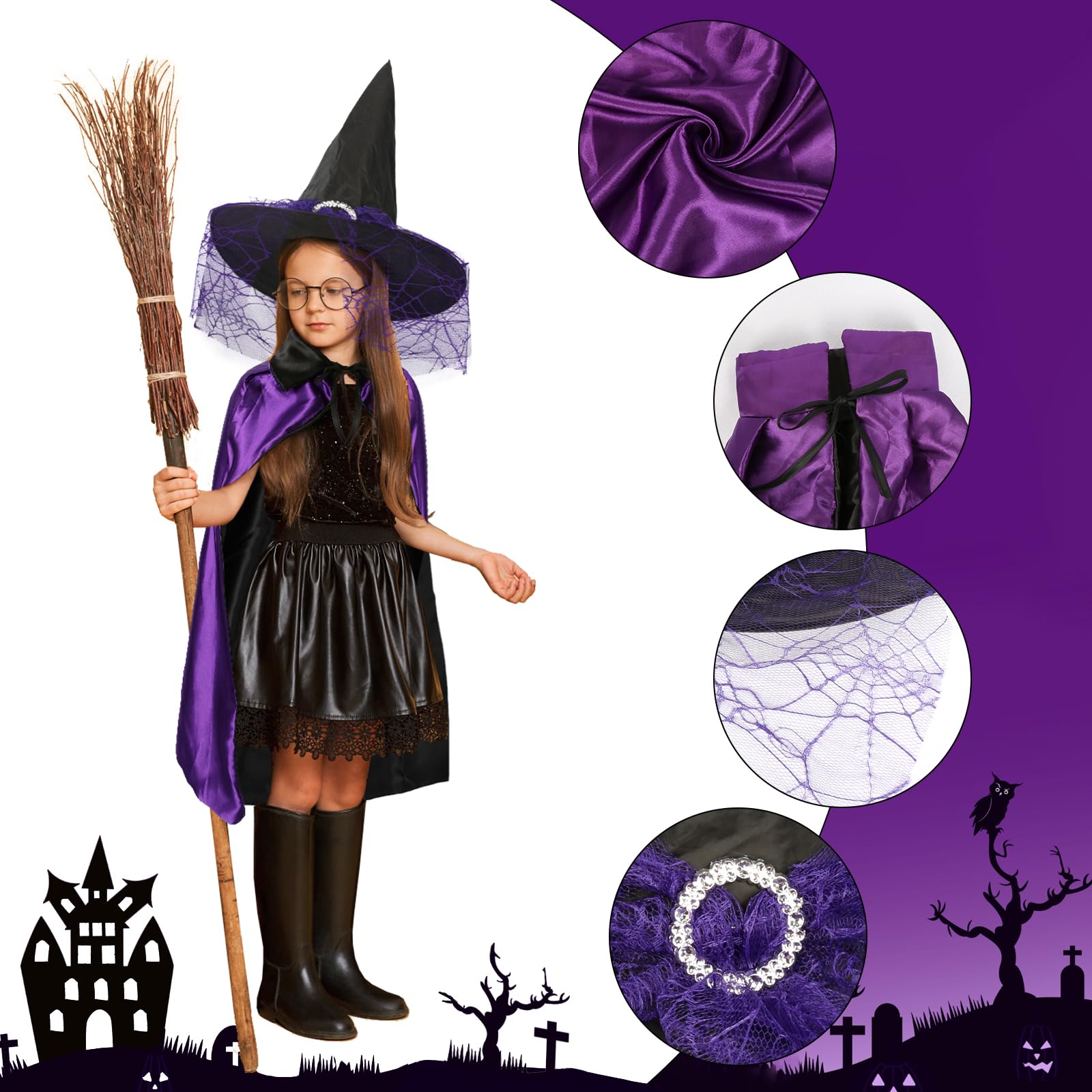 Costume Strega Per Bambini 3 Pezzi | Cappello, Mantello E Borsa A Zucca | Travestimento Halloween E Carnevale Per Bambina | Viola, Taglie 80-140 Cm