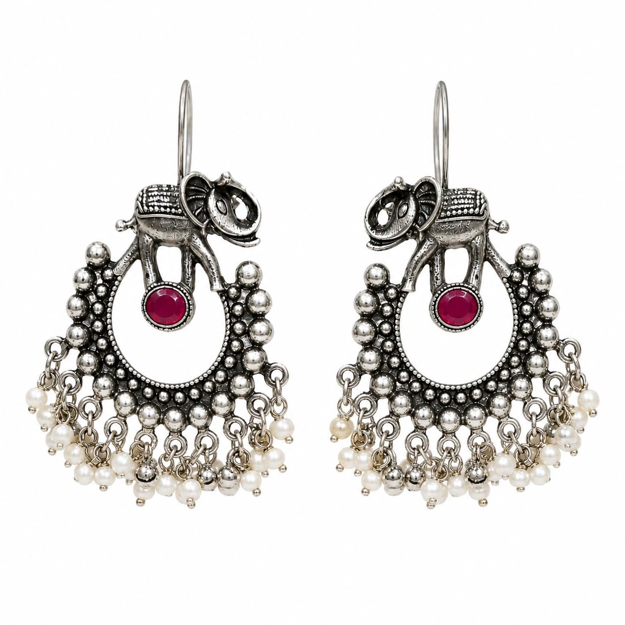 Saanj Tu Oxidised Silver Elephant Chandbali Earrings with Pearl-picture-25