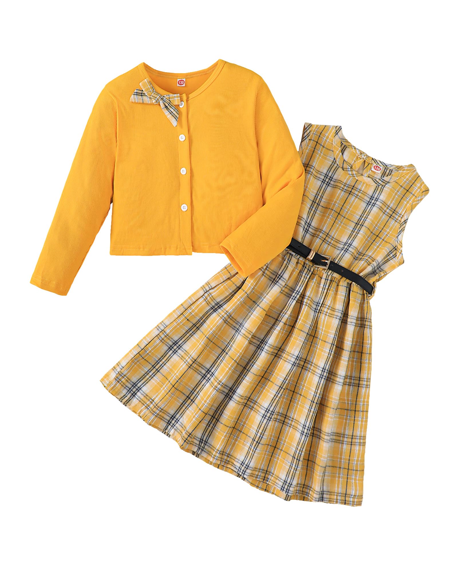 Girls Plaid Dress with Cardigan 3-Piece Outfit Set with Belt Size 7-14