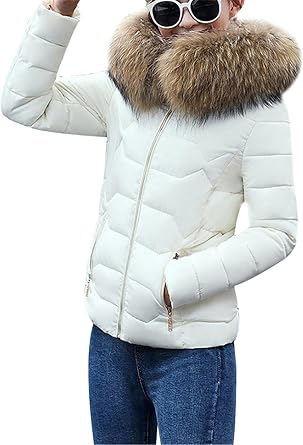 Womens Puffer Coat Thicken Down Winter Solid Color Jacket Quilted Zip Up Outerwear with Faux Fur Hood
