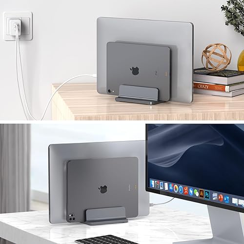 Miniatura 5 de Soporte vertical de aluminio de doble ranura para computadora portátil para escritorio, base de ancho ajustable para MacBook, Surface, Samsung, HP,