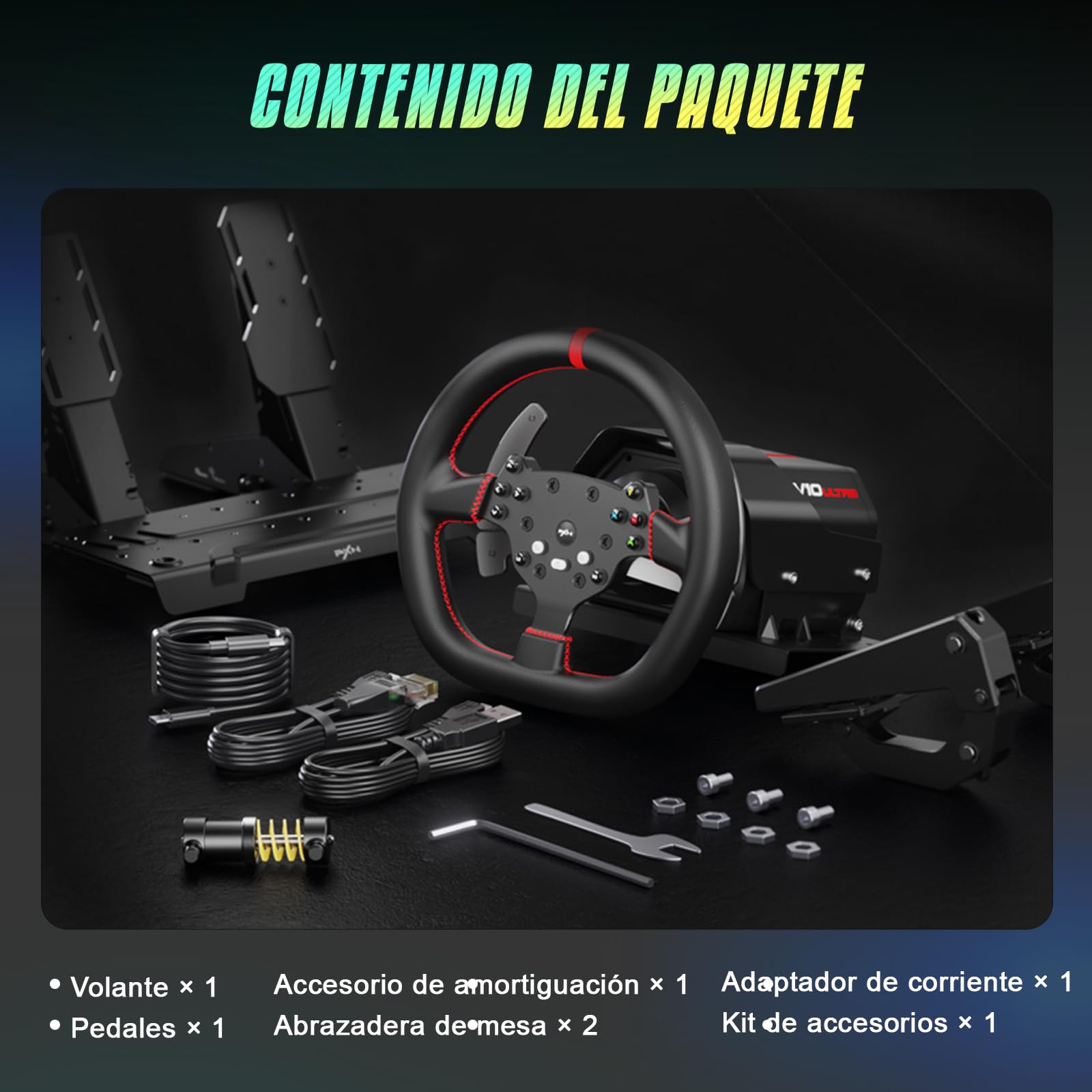 PXN V10 Ultra Volante de Carreras Direct Drive con Pedales – 3,2Nm Force Feedback, Volante Gaming con Grip de Cuero Microfibra y Levas – Set Sim Racing para PC, PS4, Xbox One/Series