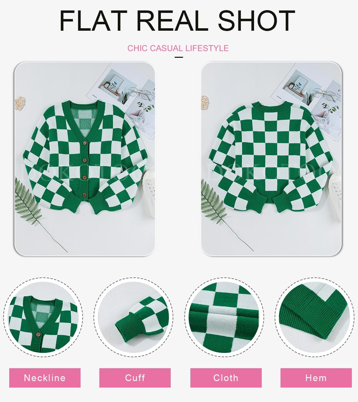 Dokotoo Womens Checkered V Neck Button Down Long Sleeve Cable Knit Cropped Cardigan Sweaters Tops - Image 5