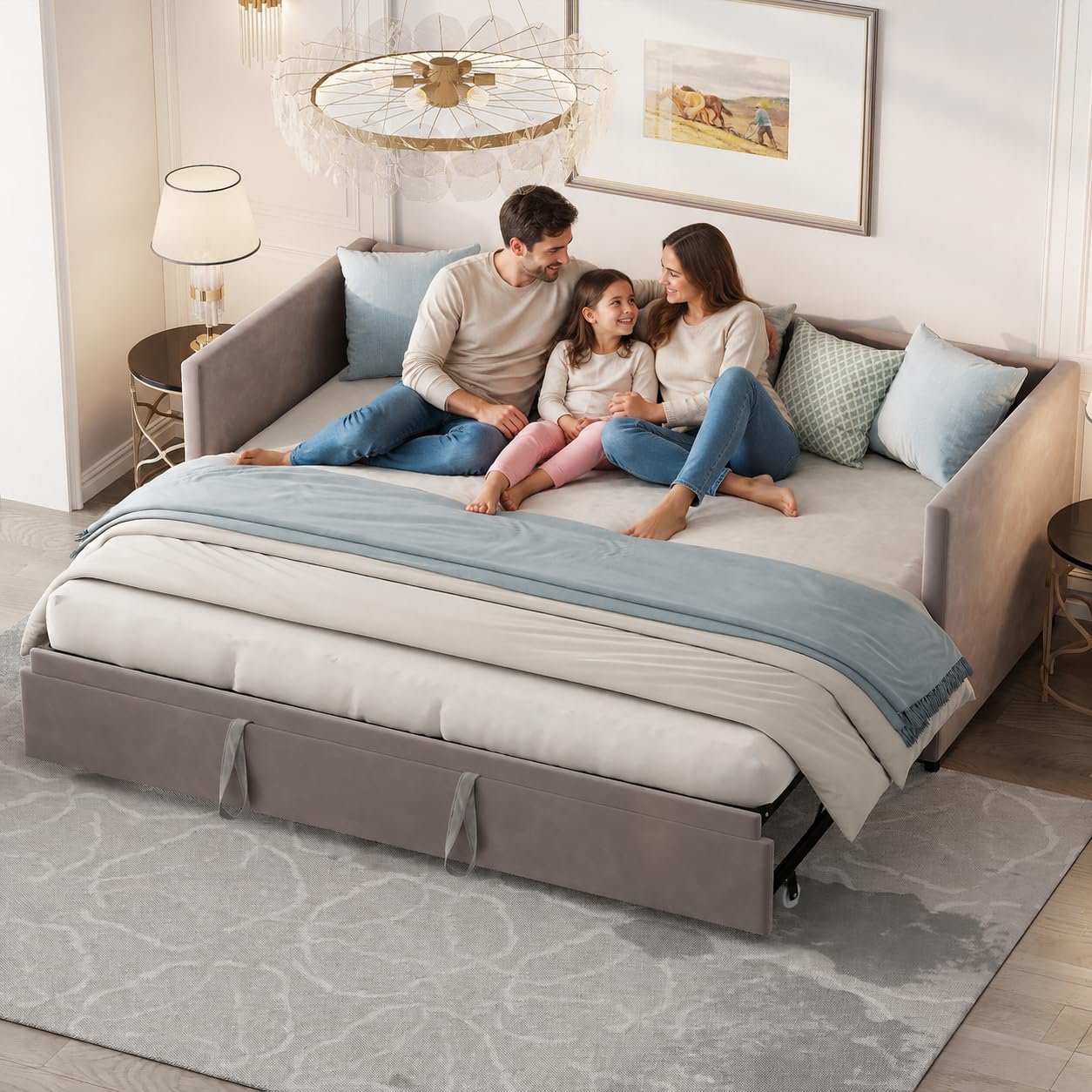 Schlafsofa Ausziehbar 90/180x200cm,Gästebett Tagesbett mit Lattenrost,Grau | Schlafcouch Polsterbett für Schlafzimmer Wohnzimmer,Ausziehbar zum Doppelbett,für Kleine Räume,Multifunktionsbett,Samtstoff
