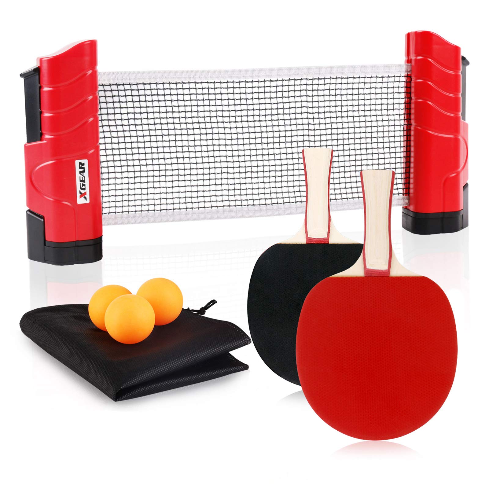 XGEAR Anywhere Ping Pong Equipment to-Go Includes Retractable Net Post, 2 Ping Pong Paddles, 3 pcs Balls, Attach to Any Table Surface, for All Ages